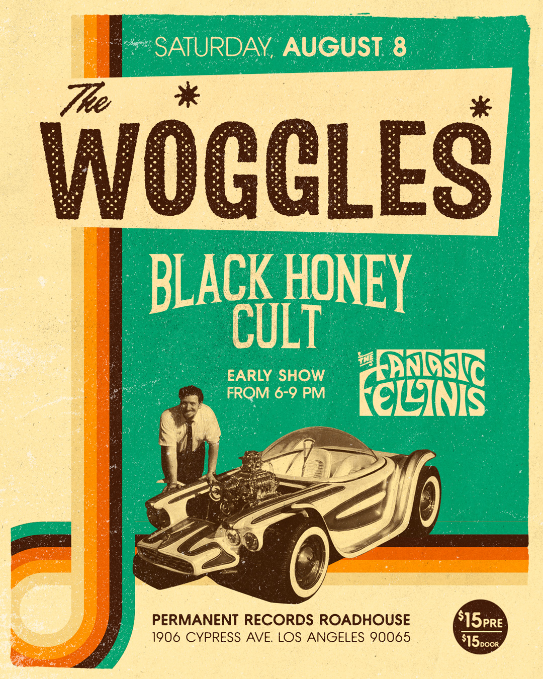 Flyer for The Woggles with Black Honey Cult and The Fantastic Fellinis at Permanent Records Roadhouse on Saturday, August 8